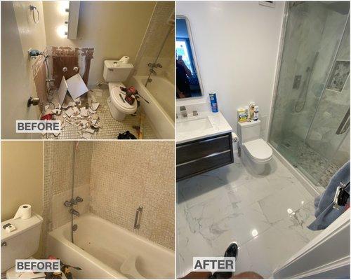 Bathroom renovation. Tub to shower conversion, new tile floor and shower walls, new toilet, floating vanity and mirror and lights, paint.