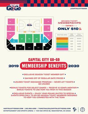 Capital City Go-Go season ticket member benefits sheet for the 2019-20 season.