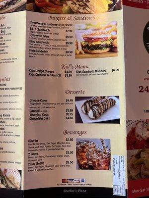 Burgers, Kids Menu, Desserts, Beverages