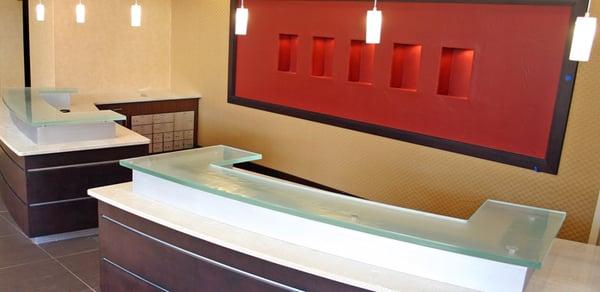 Custom Glass Reception Desk, Marriot, 1.5" thick glass