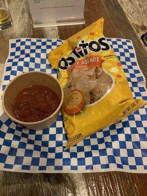 This is their version of fine dining, salsa in a paper cup and chips in a bag. In NM this is SACRILEGE.