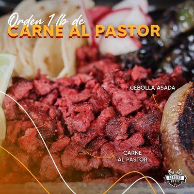 2 lbs order of marinated pork (carne al pastor), served with 15 tortillas, beans, and your choice of toppings