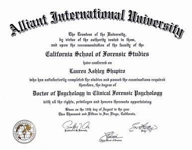 Lauren Ashley Shapiro, PsyD is a graduate of the California School of Forensic Studies at Alliant International University of Irvine, CA