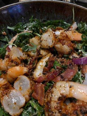 Hot bacon salad with more raw shrimp.