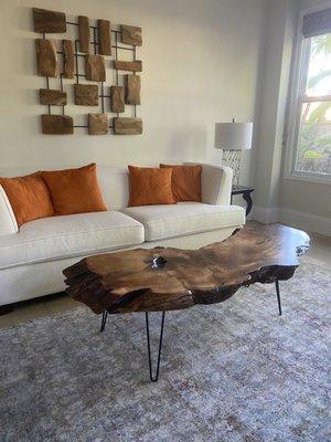 Custom made red cedar coffee table on hairpin legs