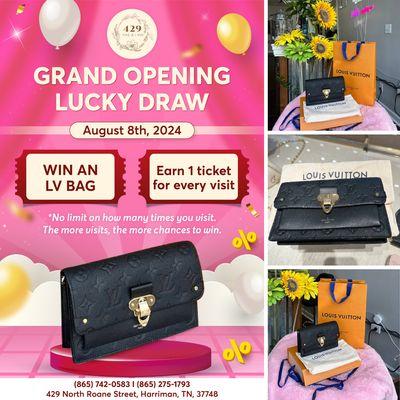 :   
A CHANCE TO  WIN AN LV BAG

Join us on August 8th, 2024