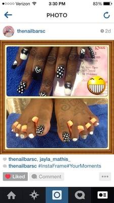 Black and white lines and dots nail design