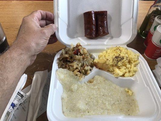 Breakfast, grits , eggs ,sausage,hash browns.mmmgood .