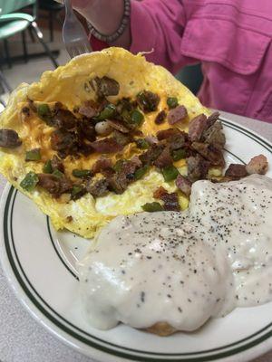 Biscuits and gravy and omelette