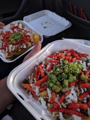 One carne asada nachos with everything on it plus hot Cheetos.  One carne asada fries with everything on it plus hot Cheetos. $9 each.