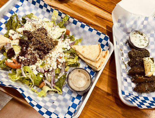 Greek salad and Dolmades.