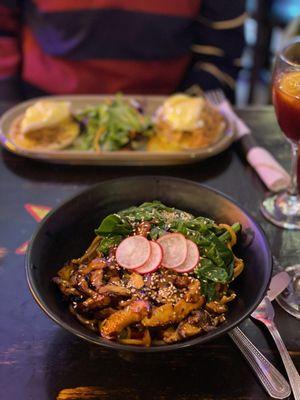 Mushroom Noodles and Cuban eggs benedict in the background