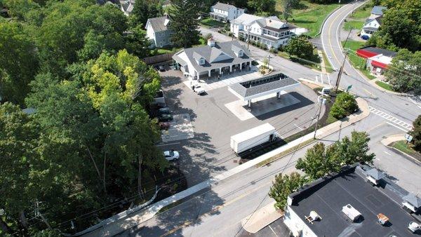 High up drone shot of our shop!