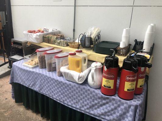 A nice continental breakfast spread is set up each morning at 7 am.