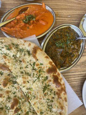 Chicken masala, lamb saag, and garlic naan