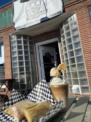 Bean and cheese tamales with a Horchata latte with concha