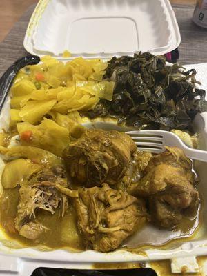 Curry Chicken, collard greens, Cabbage