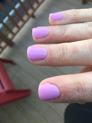 Cuticles missed by 2 stylists, paint chip on pinky nail 3 hrs of leaving but guaranteed to paint your skin!