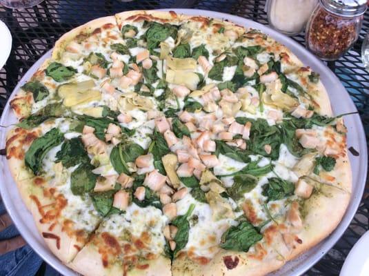 PCT Pizza - Pesto, Cheese, Chicken, Artichoke Hearts, Garlic, and Spinach.