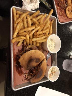 My pulled pork sandwich, fries, baked potato salad and coleslaw. I could not wait to take a bite.