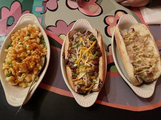 Mac and cheese, chili dog, and sauerkraut sausage dog!