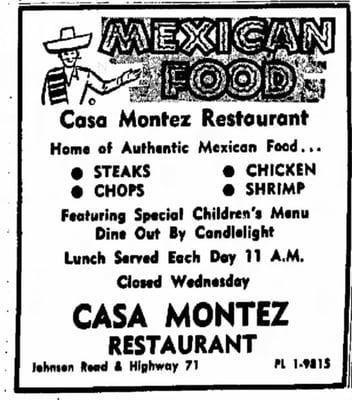 Casa Montez restaurant occupied the same corner as the present day Golden Corral. Ad is from the April 4, 1969 NW Ark Times.