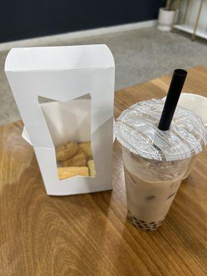 boba tea, cookie biscuits they gave us for free to sample