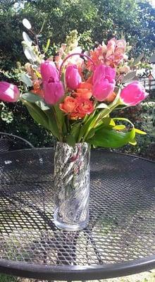 Lavender tulips with spray roses and snapdragons