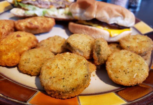 Fried zuchini!  Double cheeseburger to the right background. California classic  burger to left background.