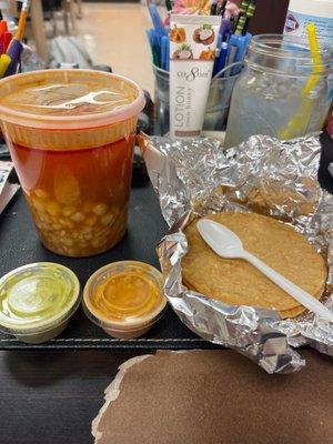 Pozole delivered from door dash!!! Soup is hot and wonderful!!!!!