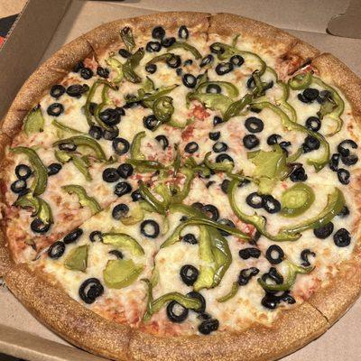 Create your own: green pepper, black olives, light mozzarella