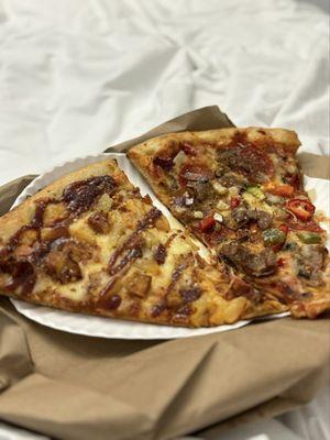 Bbq chicken w/ pineapple (left) and combo pizza (right)