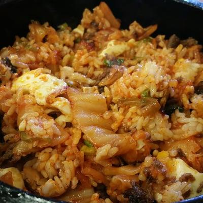 Food court lunch: stone pot rice with kimchi and beef.