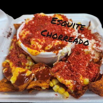 Corn , hot cheetos, mayonnaise, rancheritos , nacho cheese and salsa