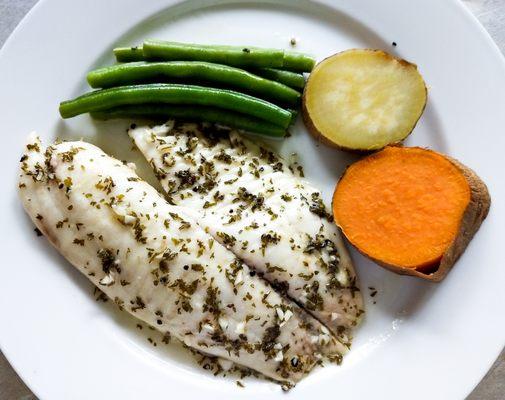 Tilapia, green beans, sweet potato