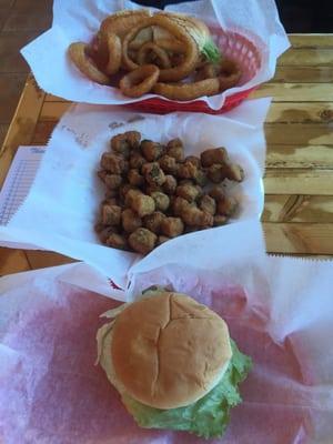 Fried okra, poor boy and bacon cheeseburger!