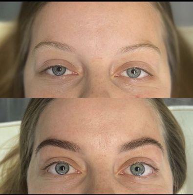 Before and after of brow shaping + henna