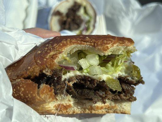 2 bites into the sandwich - the jalapeños, onions and melted cheese melds with the sweet/savory bulgogi in a toasted chewy roll. Perfection!