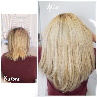 Before and after hair extensions for length and volume