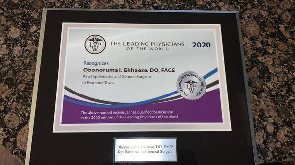 Dr. Obos Ekhaese has been recognized as a Top Bariatric and General Surgeon in Pearland, Texas.