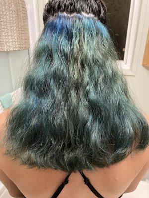 Her hair the next day after one wash with the shampoo mixed with blue dye she gave us to "make it brighter"