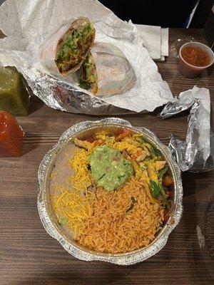 Chicken fajita plate (bottom), half carne asada and half chorizo torta (top). HUGE portions!