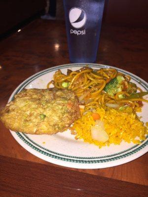 Egg foo yong lo mein and fried rice