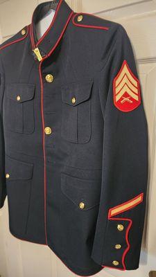 The alterations to my MCB were done in an excellent manner.  Patches and hash marks sewn on per regulations.  Had the coat pressed as well.