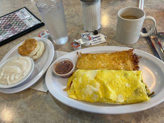 Great Mexican omelet with crispy hash browns and a flaky biscuit and gravy!!!