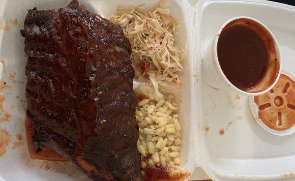 Half rack ribs with bbq slaw and cajun corn.