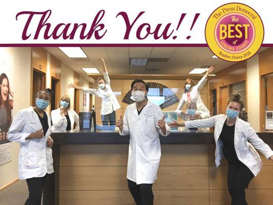 "Thanks to all of your votes, we won Best Cosmetic Surgeon and Aesthetician in Sonoma County during the Press Democrat competition!