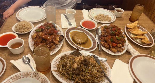 Lo mein, general tsao, crab puffs, fried rice and egg foo young.