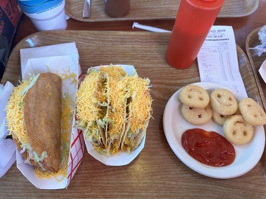 Super Taco, three Tacos, side of Smiley Fries