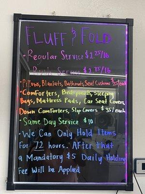 Updated Fluff and Fold prices